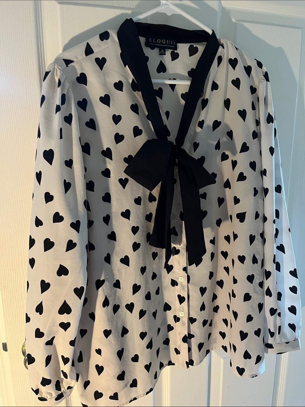Eloquii White Button-Front Blouse with Black Heart Print & Bow